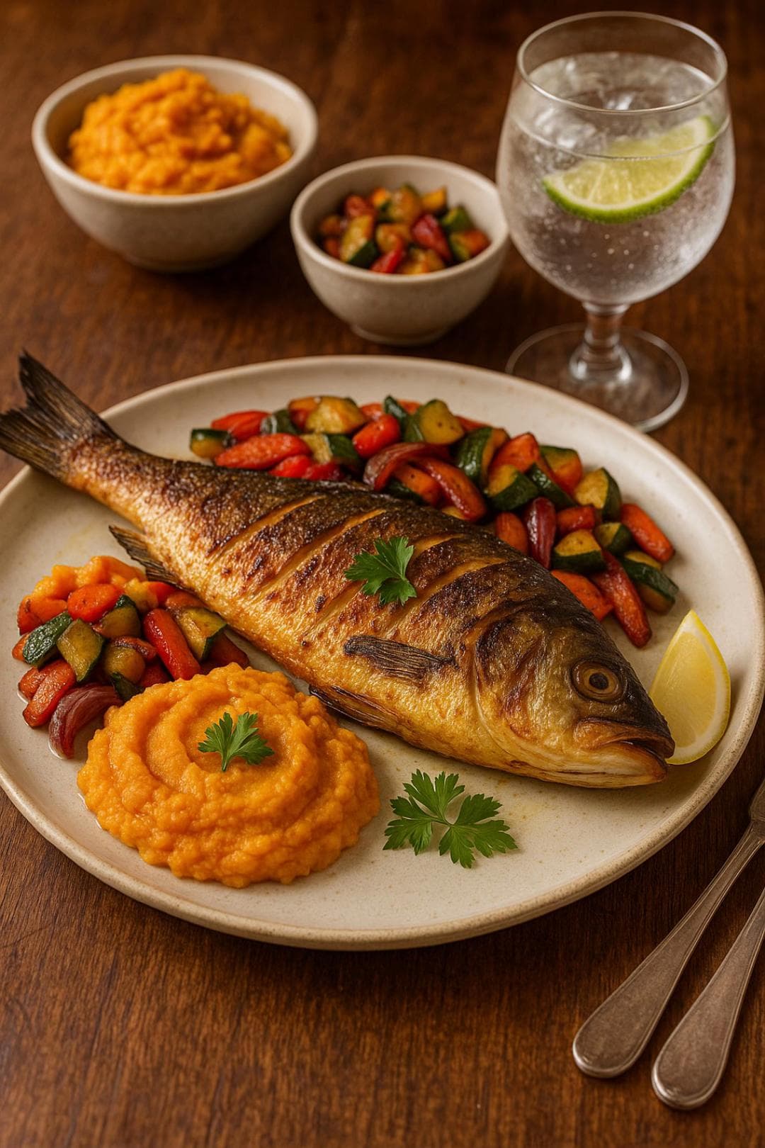 Dorade Grillée avec Purée de Patate Douce et Légumes Rôtis