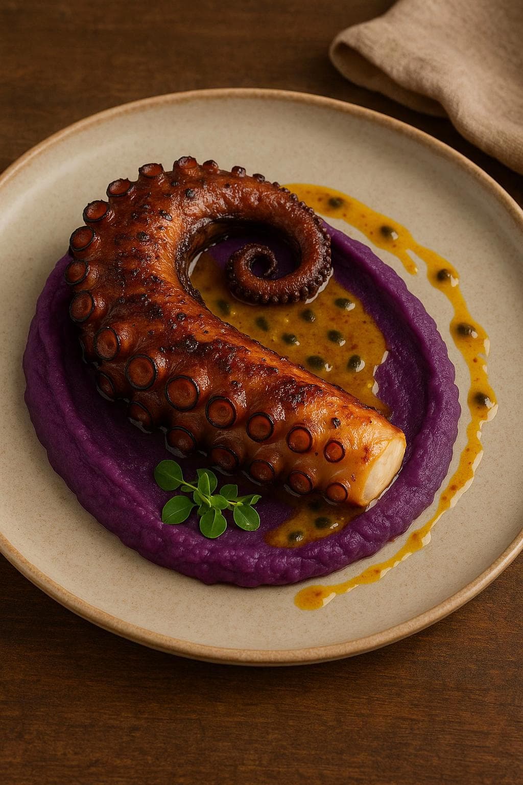 Poulpe Grillé aux Patates Douces Violettes et Sauce Maracujá-Gingembre