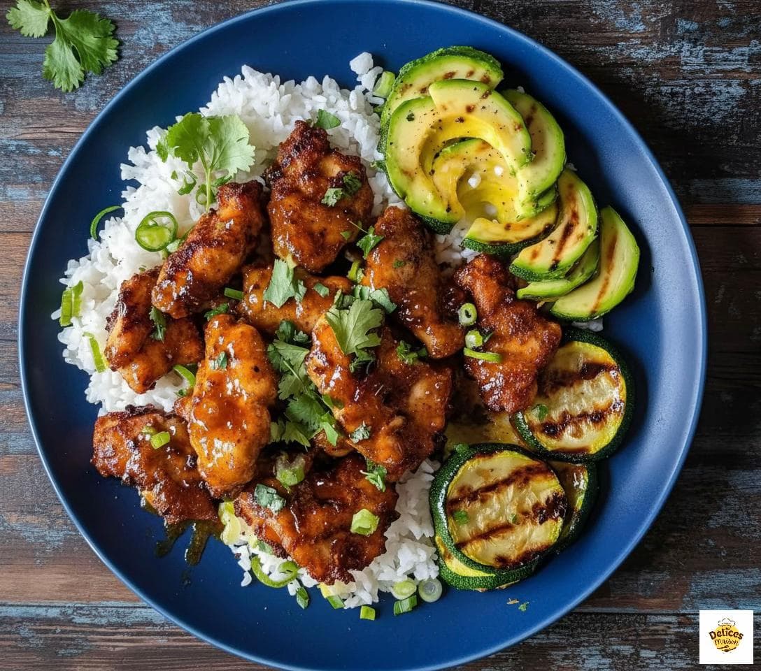 Poulet caramélisé au miel, courgettes et avocat