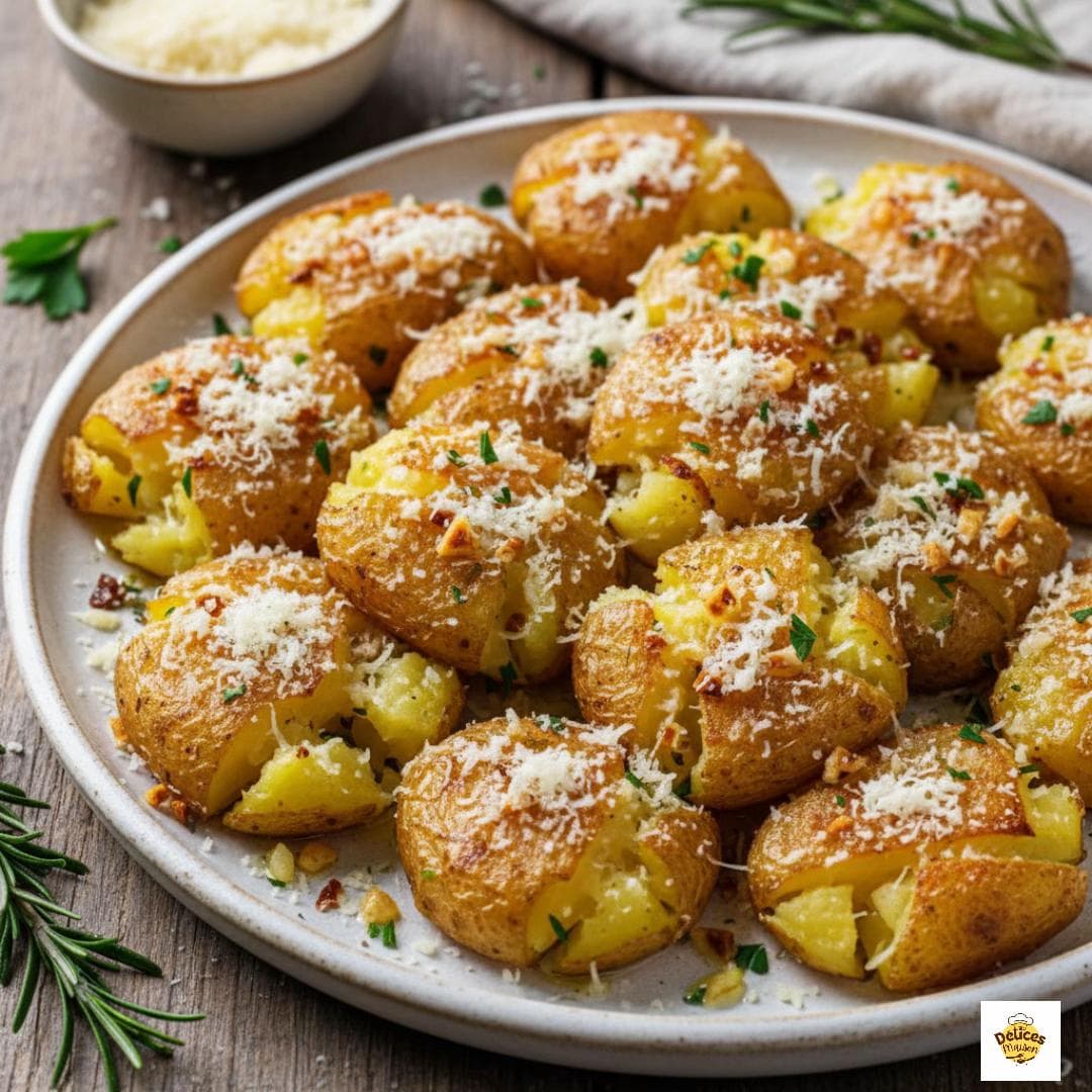 Pommes de terre écrasées au parmesan et ail