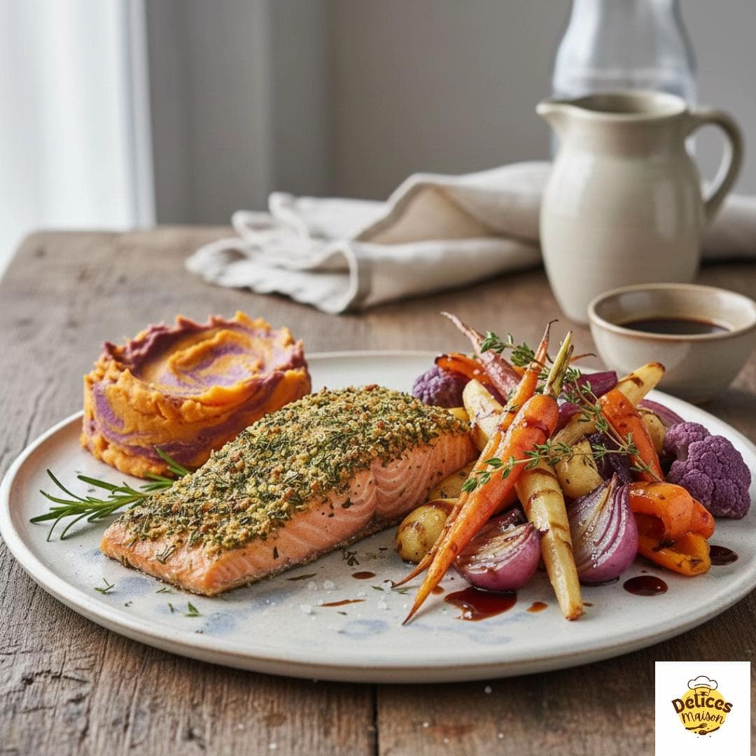 Saumon Rôti en Croûte d'Herbes avec Purée de Patate Douce et Légumes Balsamiques
