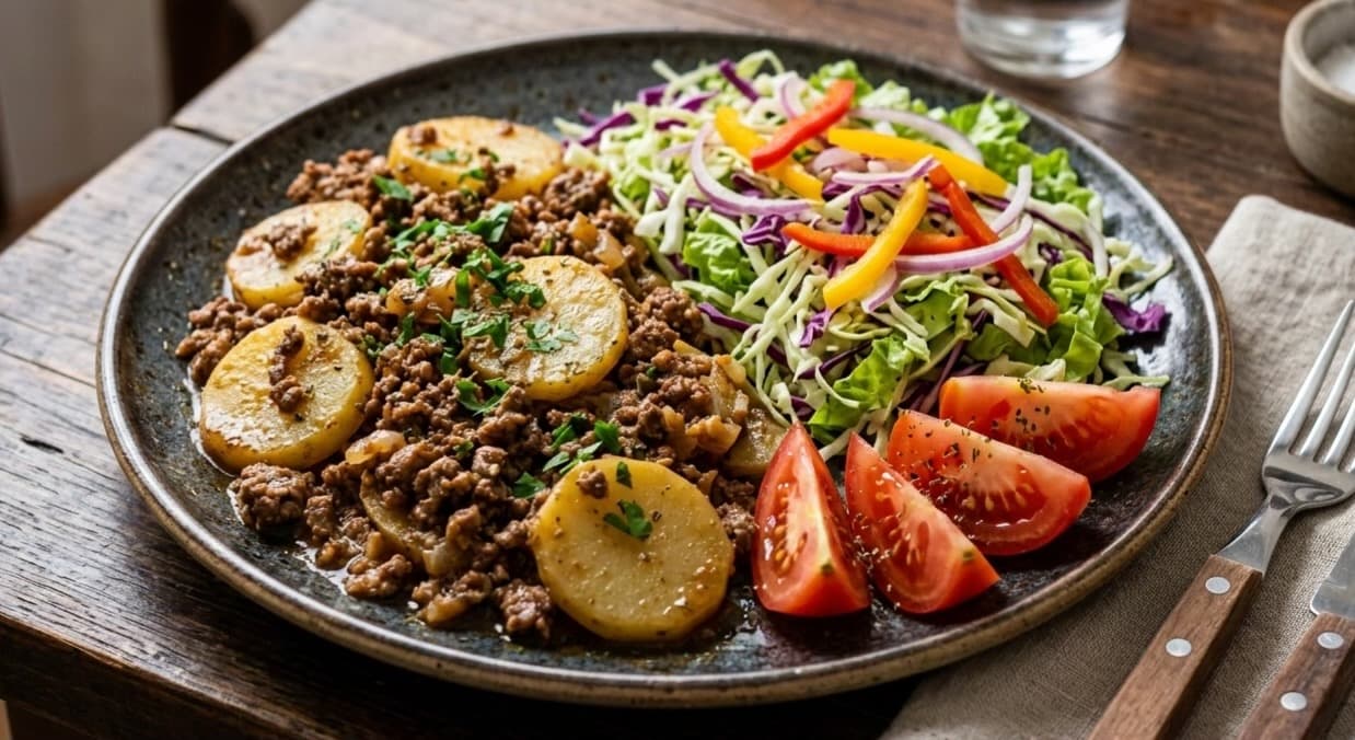 Viande Hachée aux Pommes de Terre Dorées et Salade Fraîche Croquante