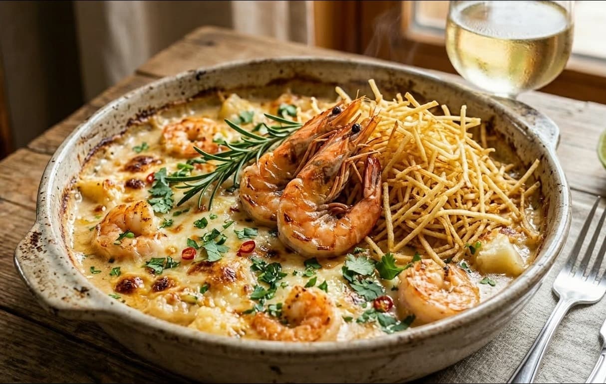 Gratin de Crevettes à la Crème de Manioc et Pommes Paille