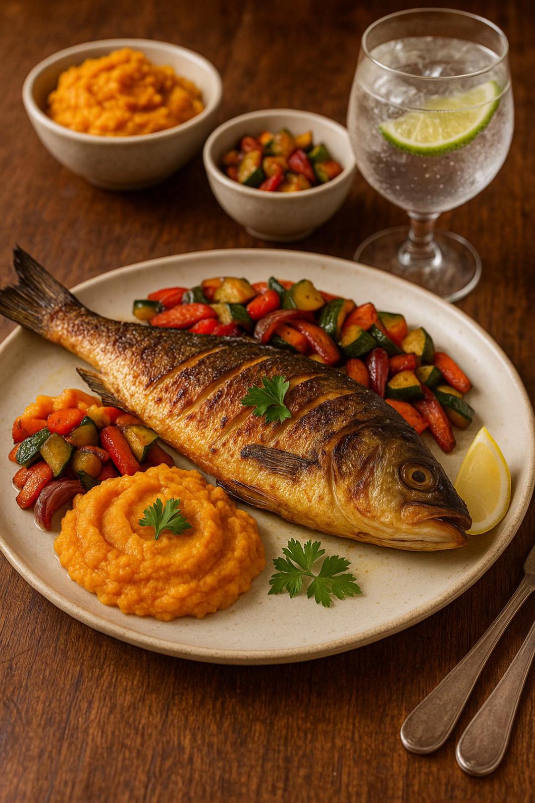 Dorade Grillée avec Purée de Patate Douce et Légumes Rôtis