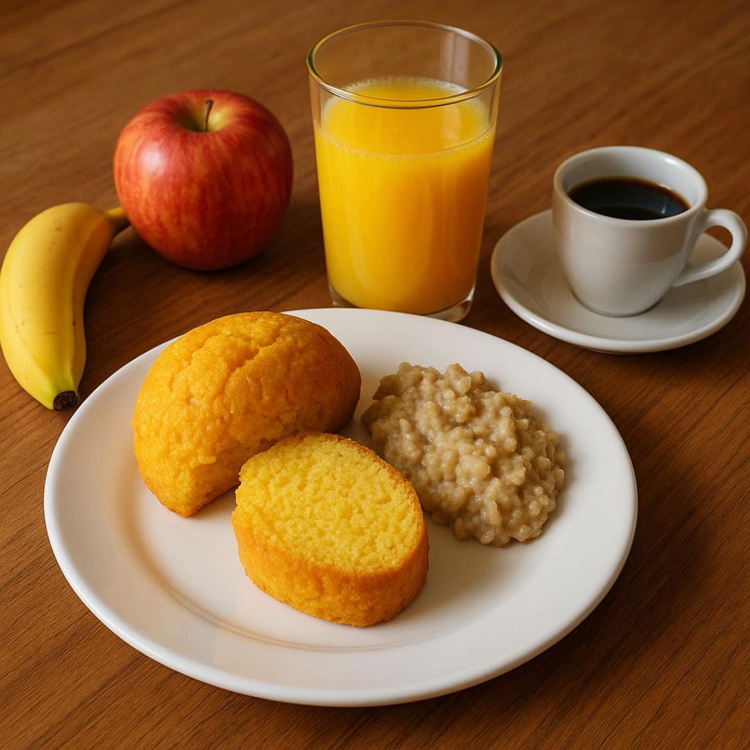 Petit-déjeuner équilibré : pain de maïs, bouillie d'avoine et fruits frais