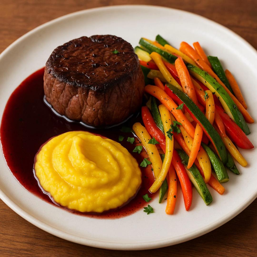 Filet Mignon with Cassava Purée and Sautéed Vegetables