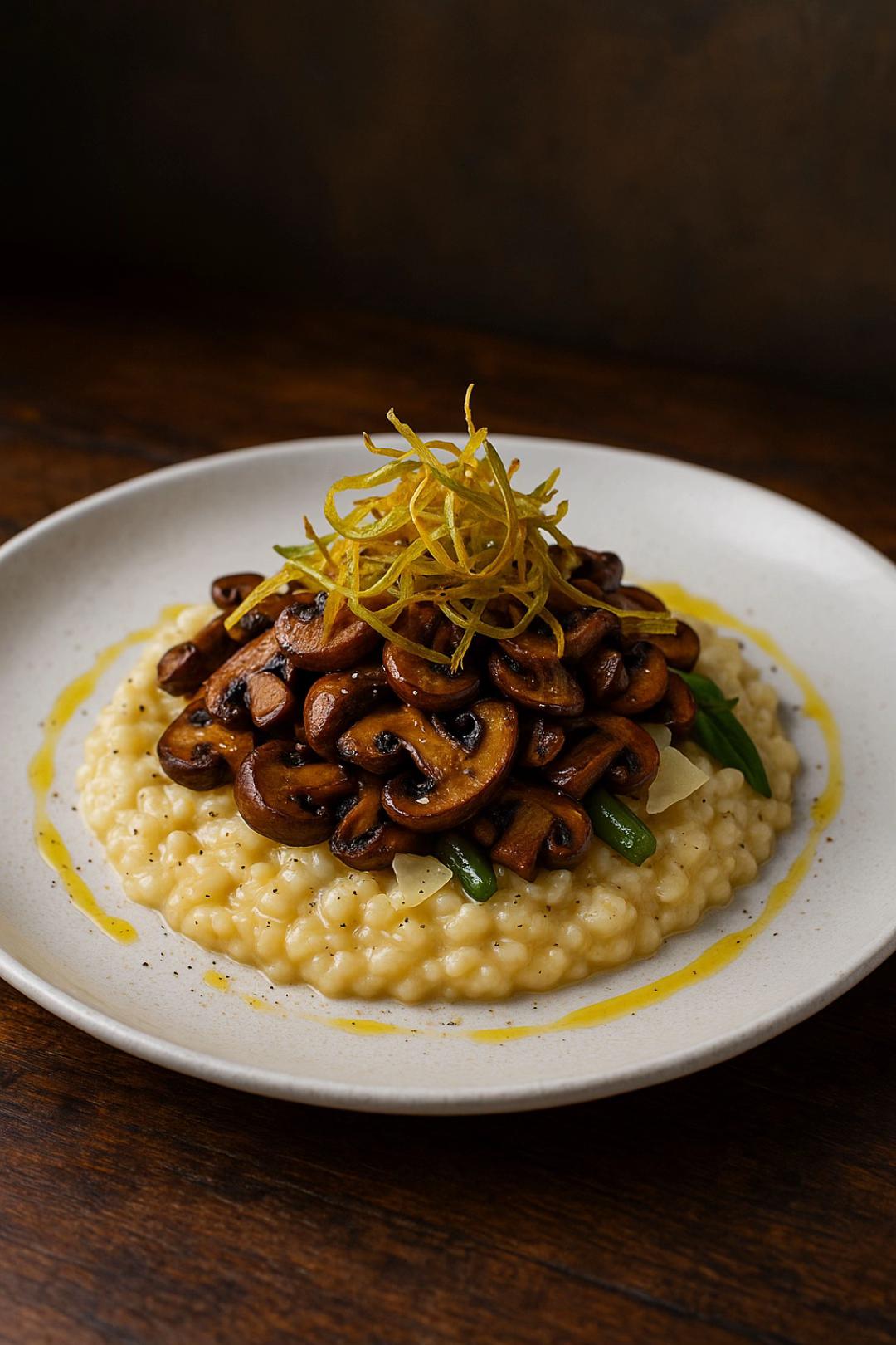 Risotto con champignones y apio crujiente