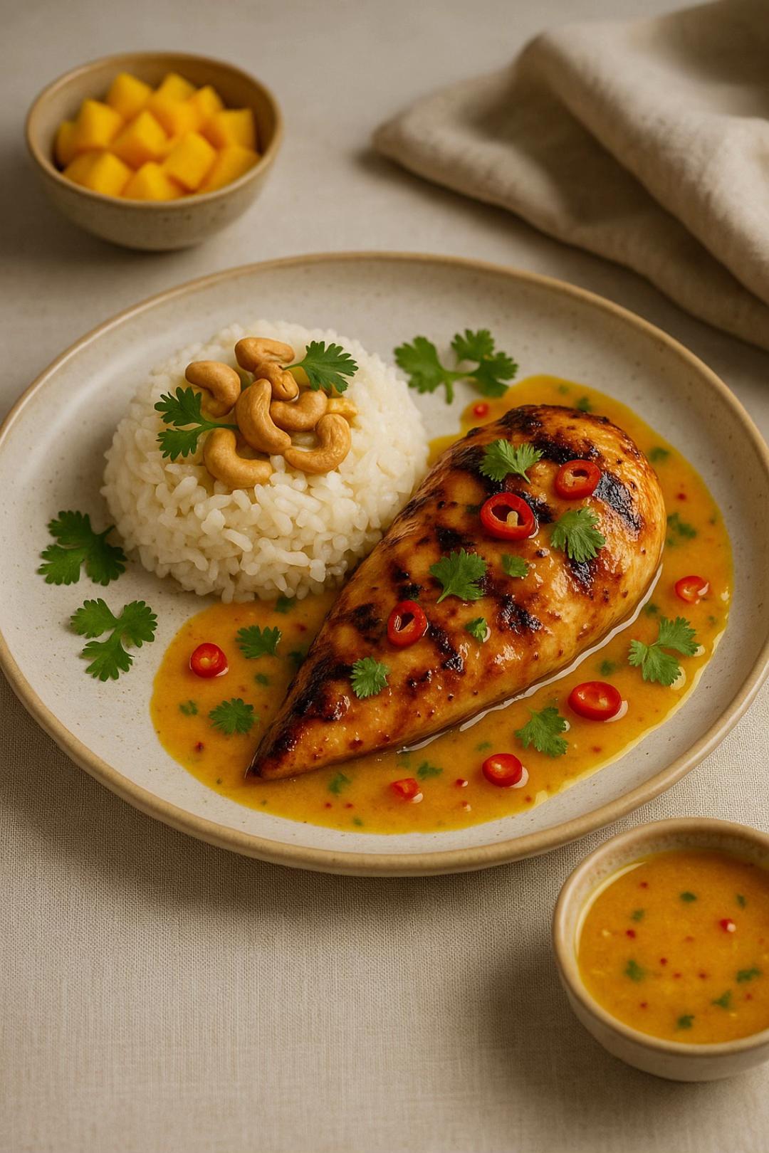 Poulet à la Sauce Mangue Épicée et Riz au Lait de Coco
