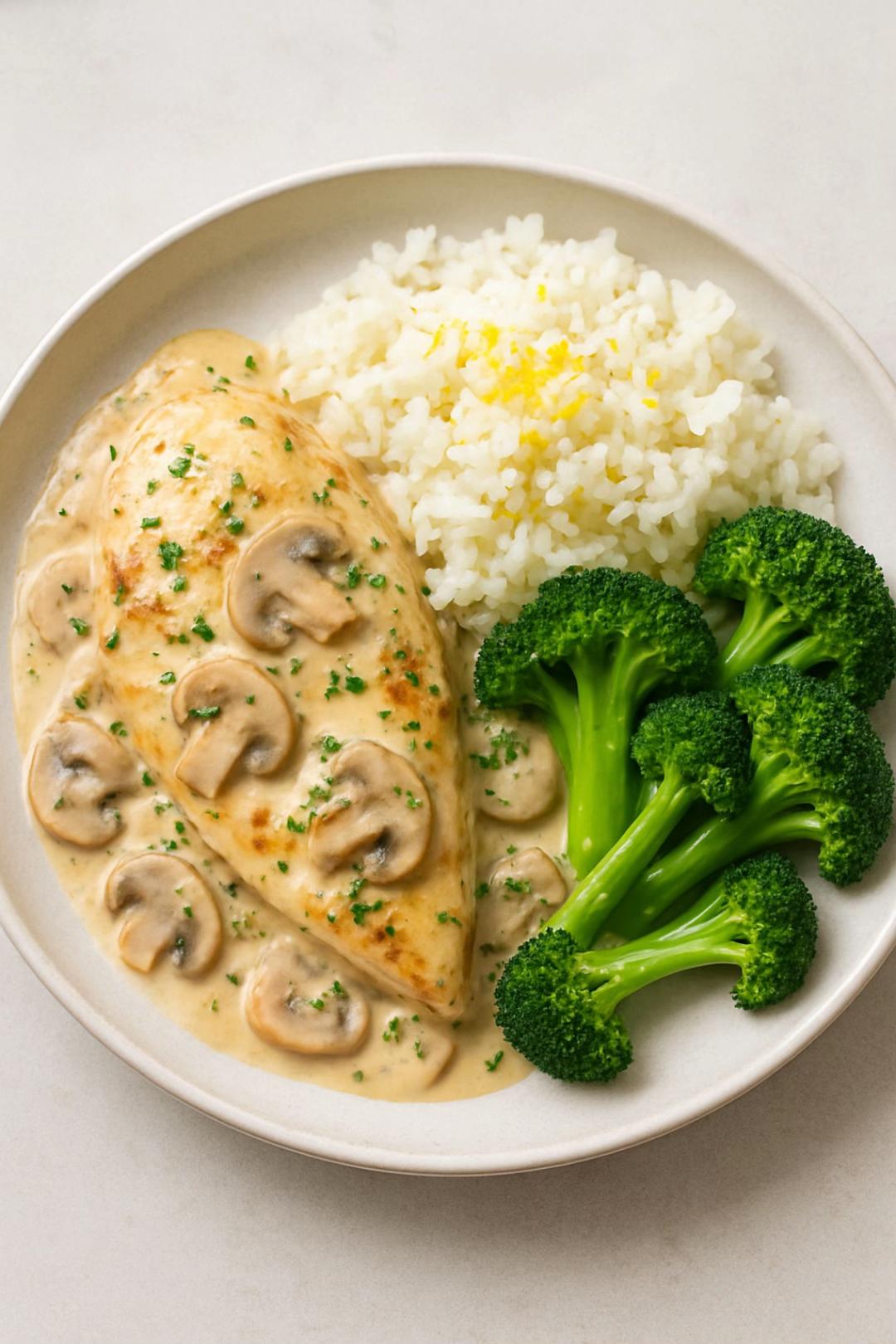 Poulet aux Champignons et Crème avec Riz et Brocoli