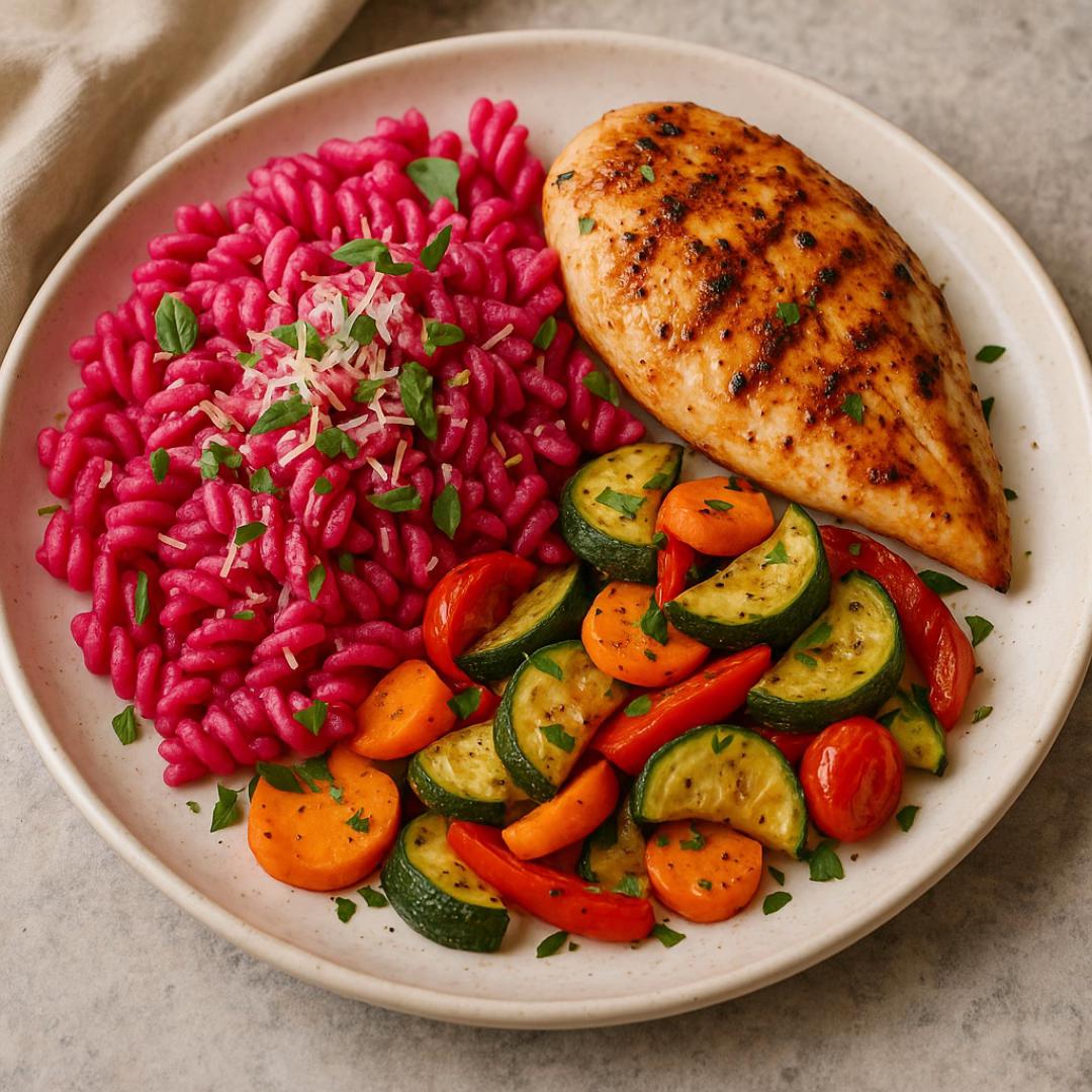 Pâtes à la Betterave avec Poulet Grillé et Légumes Rôtis