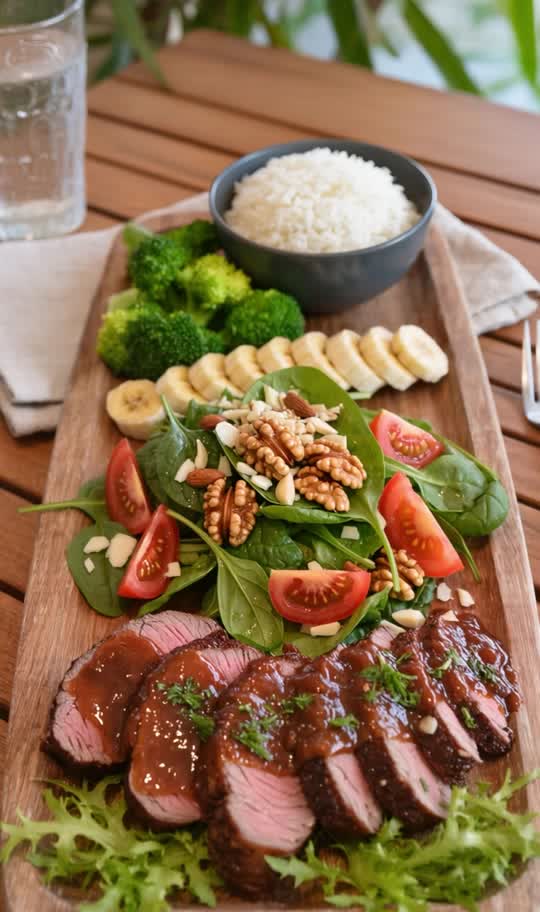 Complete Meal: Roast Beef with Tomato, Spinach, and Walnut Salad