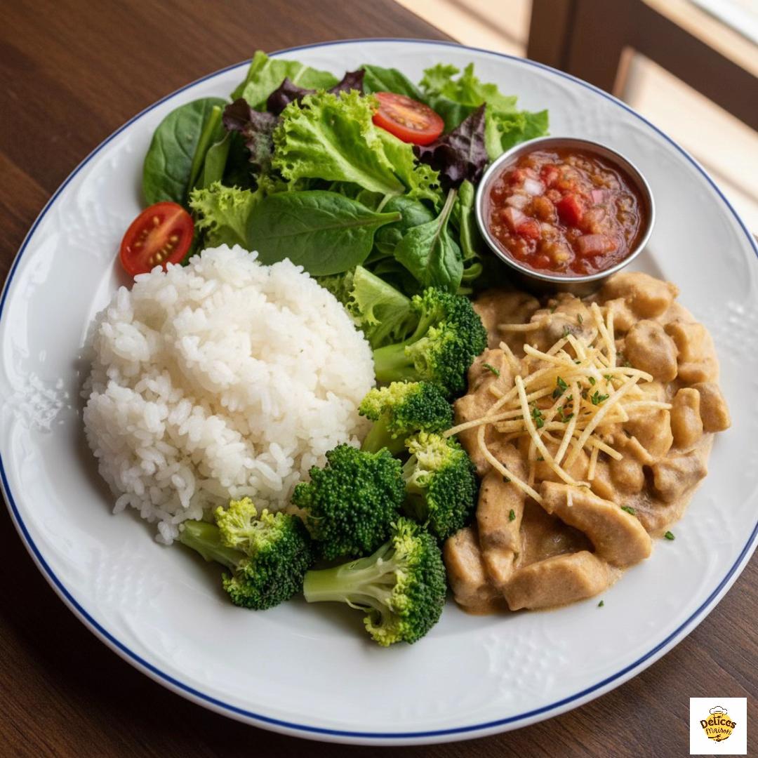 Bœuf Stroganoff Complet: Ensalada Fresca, Arroz Ligero y Patatas Ralladas Crujientes