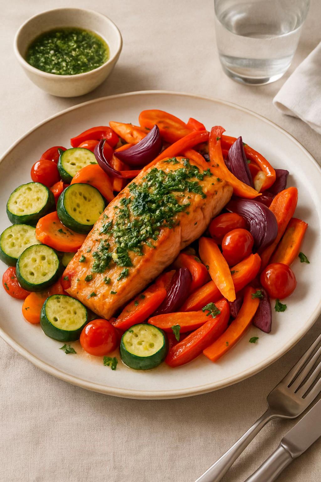 Saumon mariné aux légumes rôtis