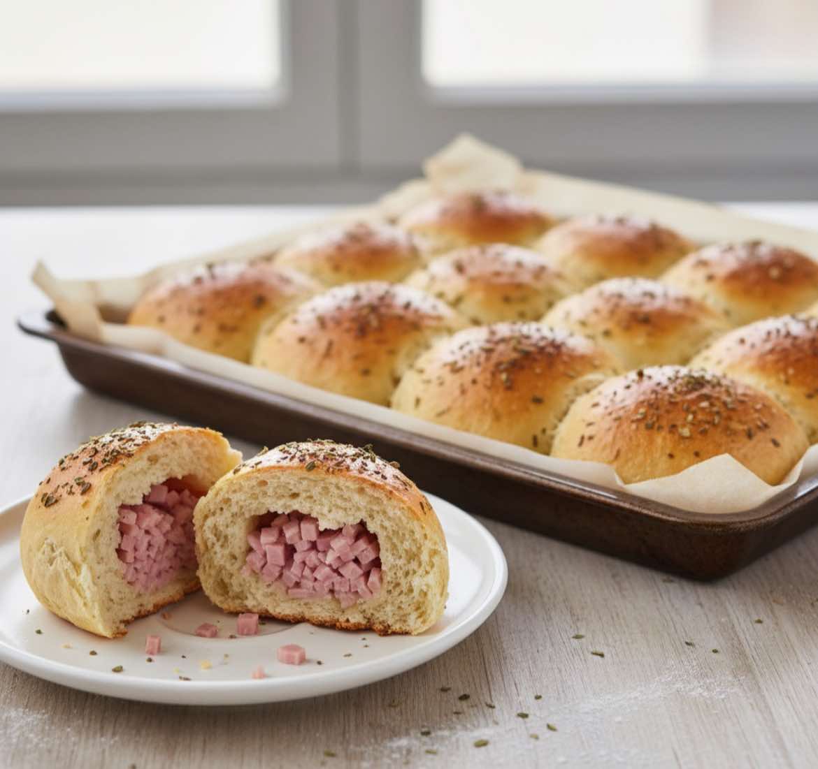 Pães pequenos à oregano recheados com presunto
