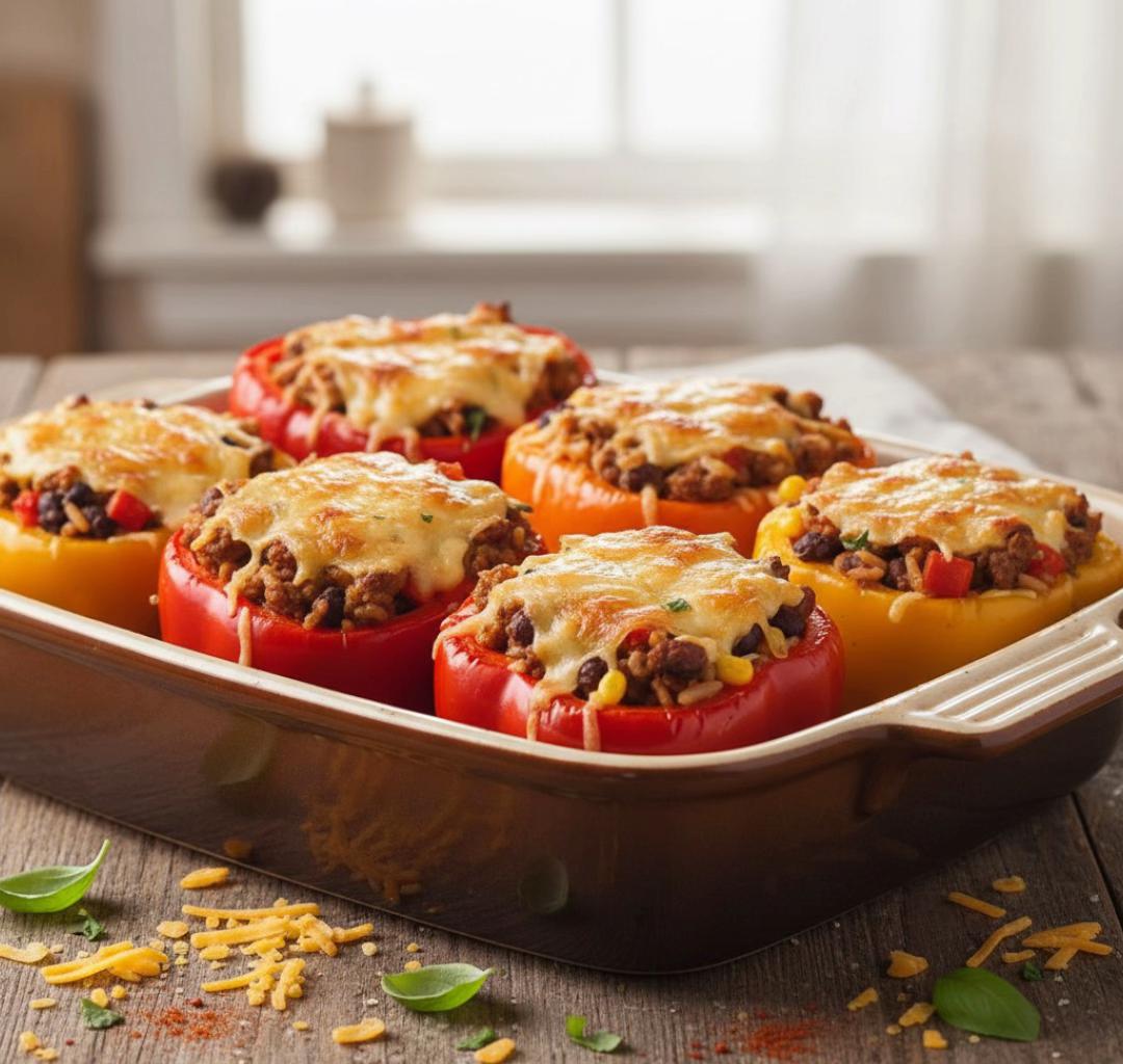 Poivrons farcis a la carne, legumbres crujientes y queso gratinado