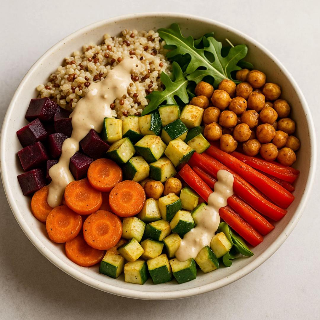 Salade de Quinoa aux Légumes Rôtis et Sauce Tahini