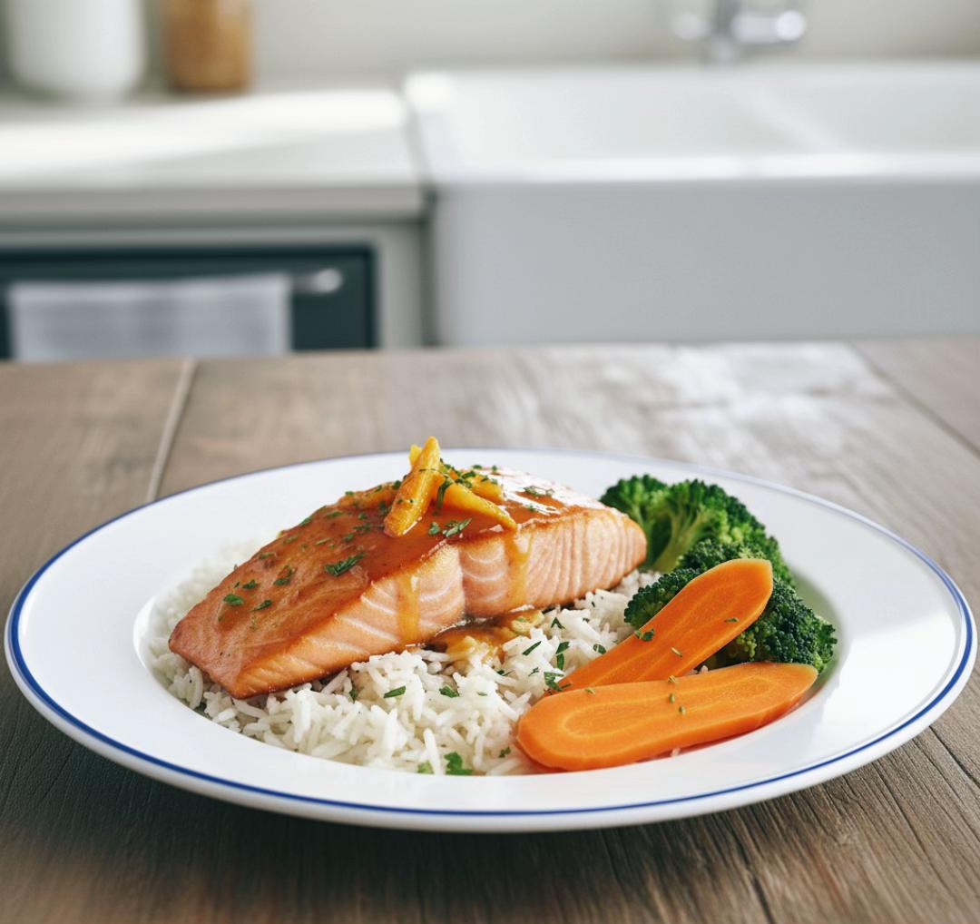 Filet de saumon rôti avec sauce à l'orange, riz basmati et légumes vapeur