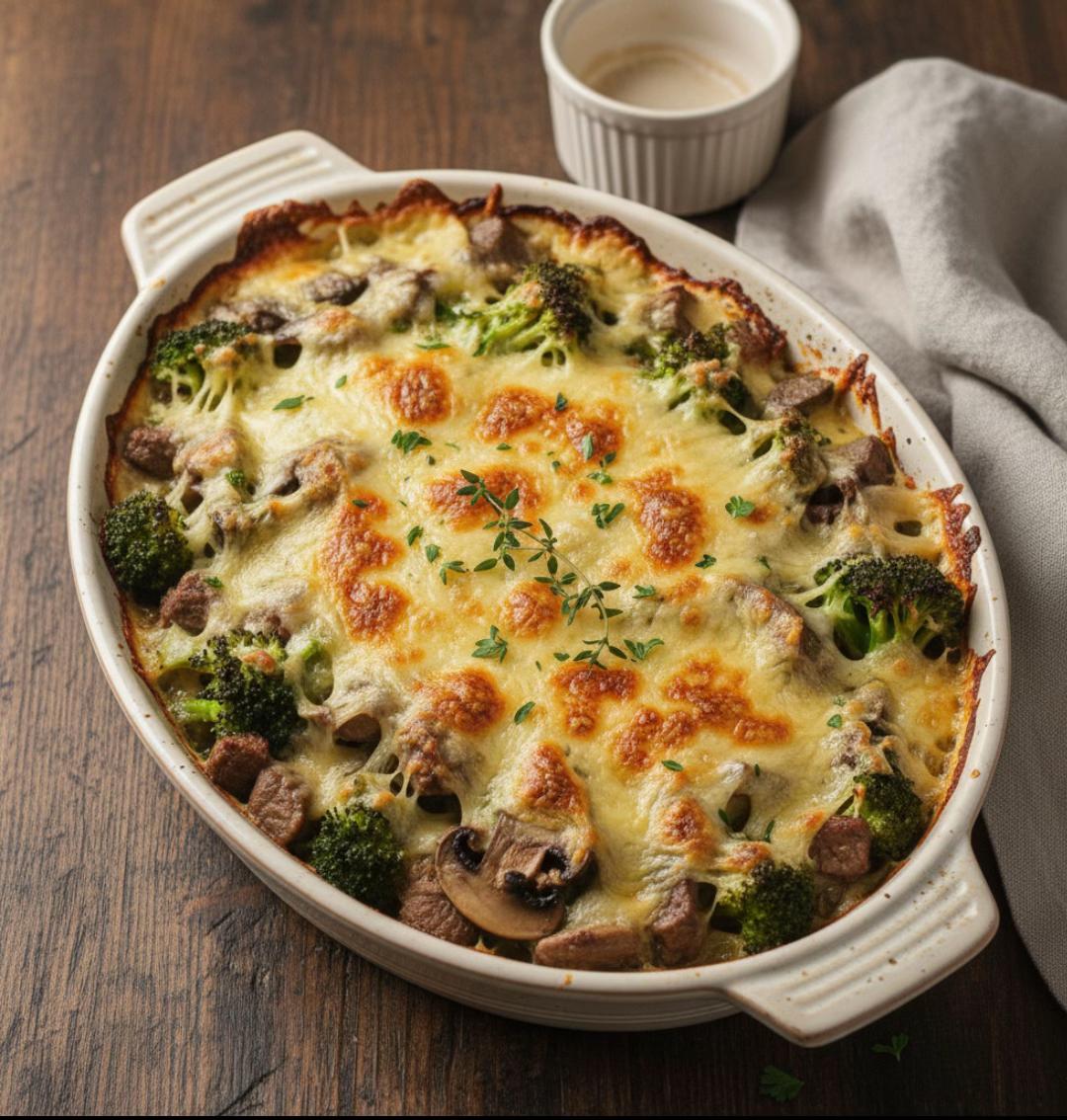Gratin de brocoli, bœuf et champignons