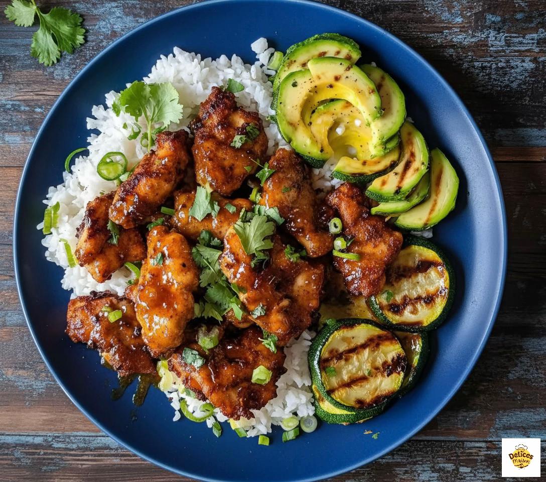 Poulet caramélisé au miel, courgettes et avocat