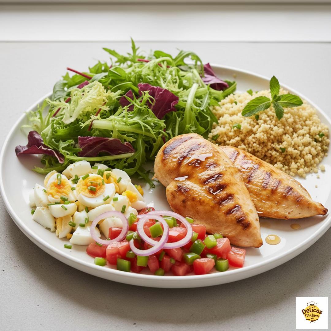 Déjeuner Équilibré: Couscous, Poulet Miel et Salade Fraîche