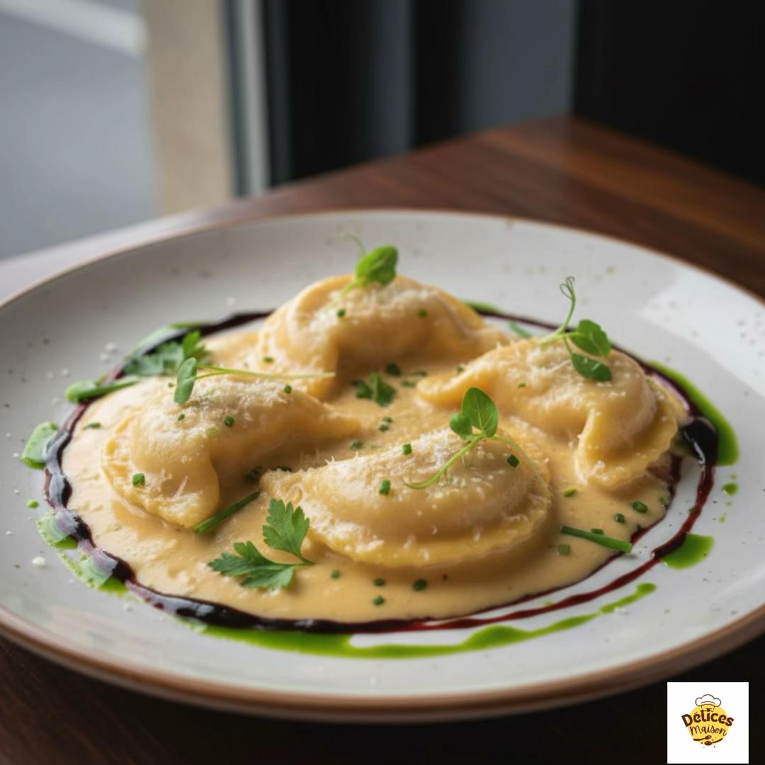 Langoustine Ravioli with Parmesan Cream and Red Wine Reduction