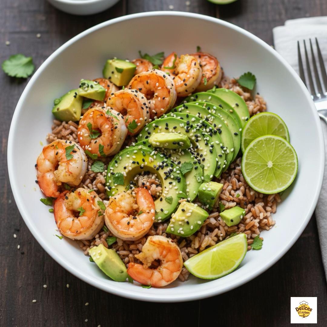 Riz complet aux crevettes, avocat et citron