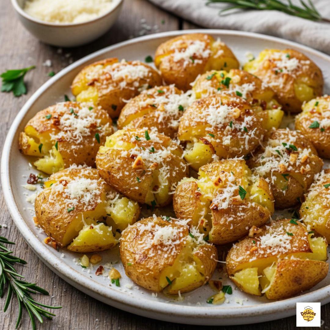 Pommes de terre écrasées au parmesan et ail