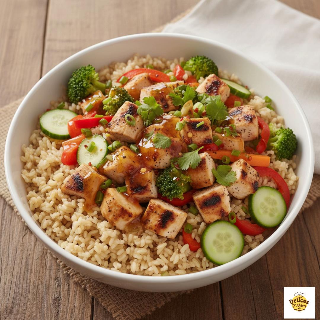 Riz complet + poulet grillé + légumes + sauce miel et piment