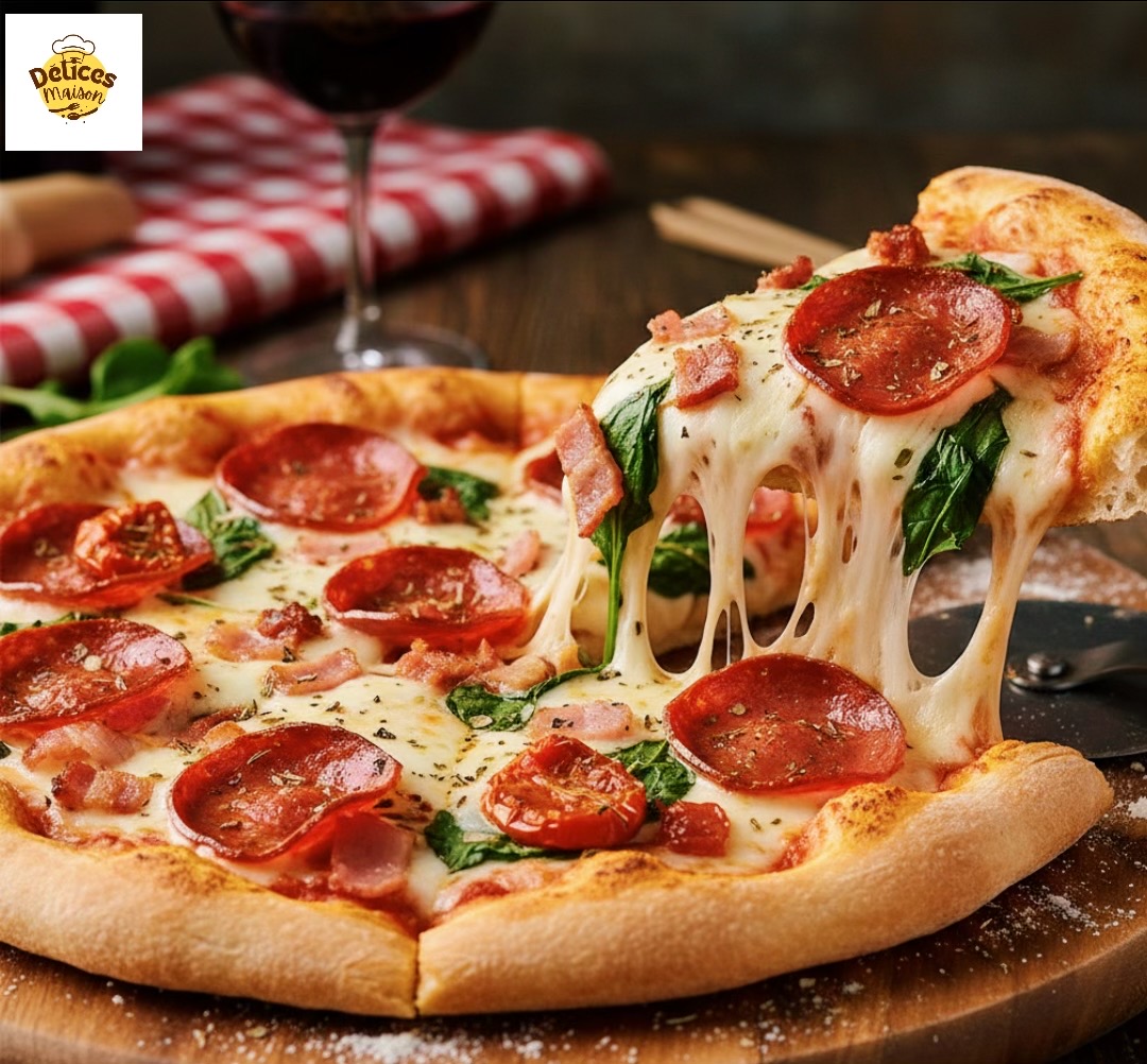 Pizza Gourmande con Espinacas, Tocino y Calabresa