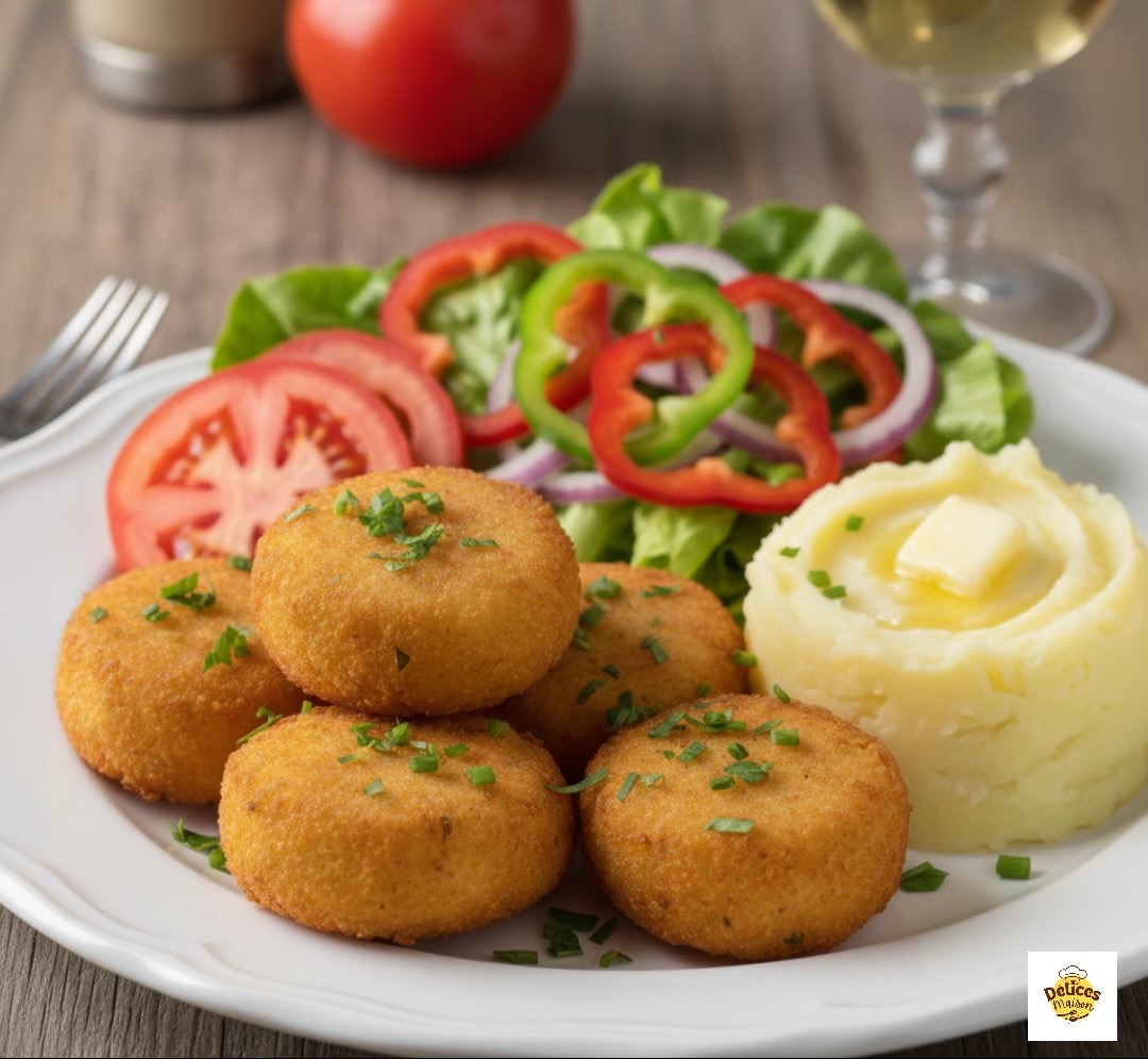 Sunday Cod Fritters with Mashed Potatoes and Fresh Salad