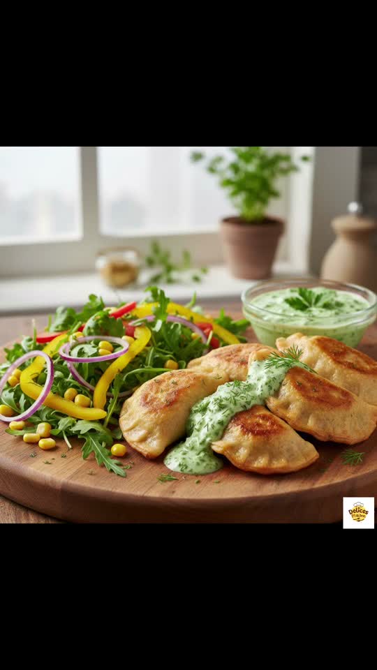 Pastéis de Carne Seca com Molho Verde Cítrico e Salada de Rúcula