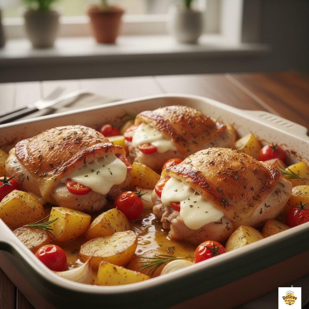 Cuisses de Poulet Farcies au Jambon et Mozzarella, Pommes de Terre Rôties à l'Ail