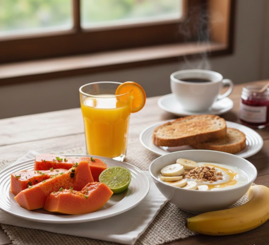Bol de Banana-Yogur, Papaya Fresca y Tartina Crujiente