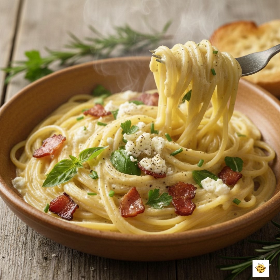 Creamy Goat Cheese Capellini with Crispy Bacon