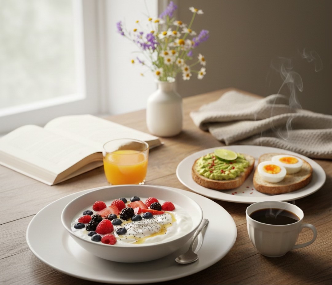 Balanced Gourmet Breakfast: Avocado, Hard-Boiled Egg & Berry Yogurt