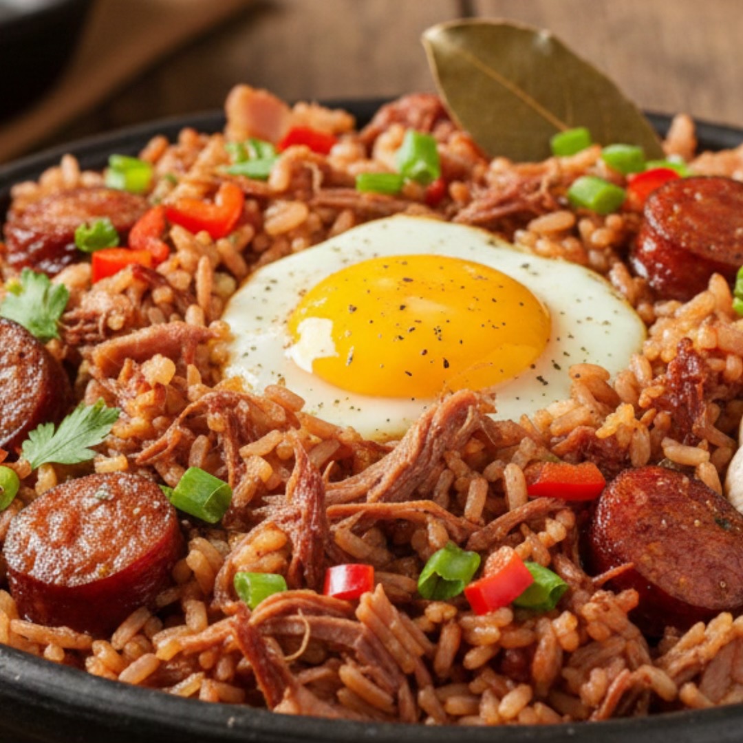 Arroz Rustico con Salchichas Ahumadas, Buey Desmenuzado y Huevos Revueltos