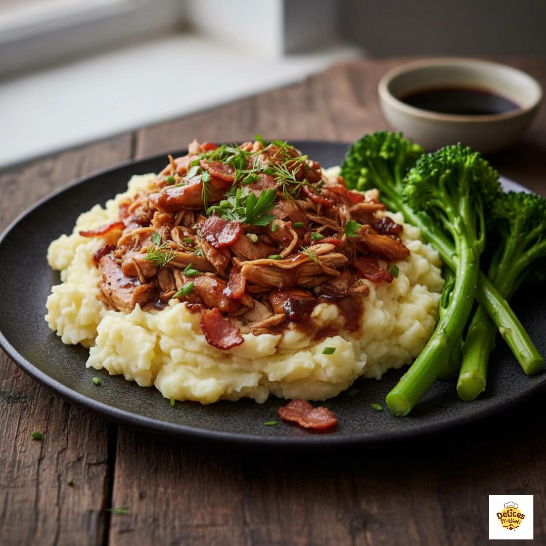 Chicken and Bacon over Creamy Cheesy Mashed Potatoes with Roasted Broccoli