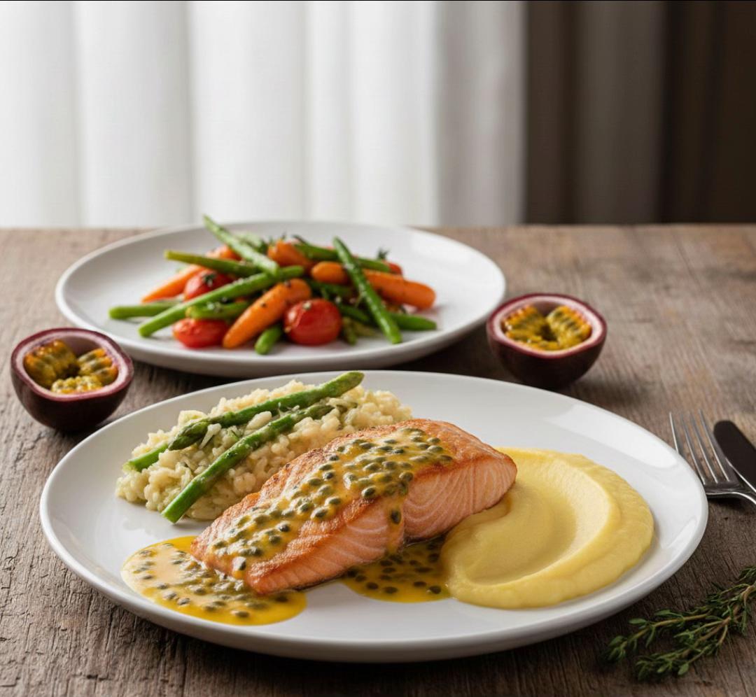 Pavés de Salmón Dorados, Salsa Fruta de la Pasión y Risotto Cremaux de Espárragos