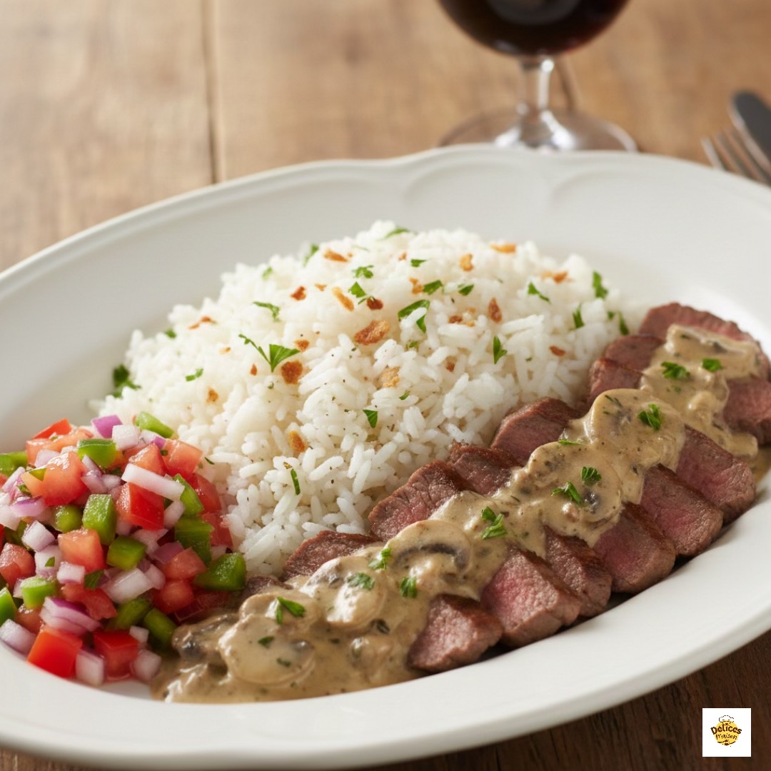 Pan-Seared Sirloin with Mushrooms, Herb Rice, and Crunchy Vegetable Vinaigrette