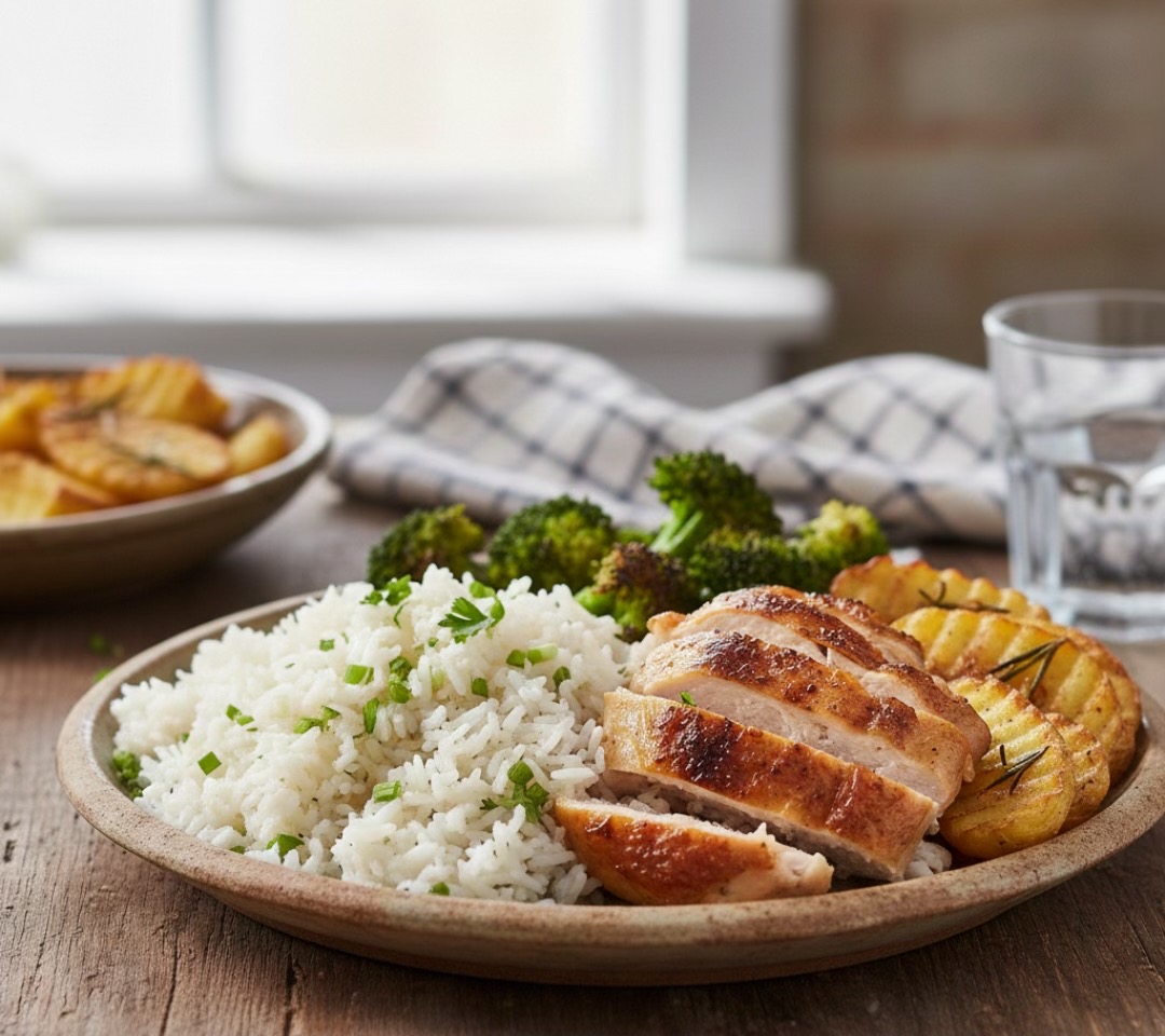 Plato Equilibrado: Pollo Asado, Arroz con Hierbas y Verduras Doradas