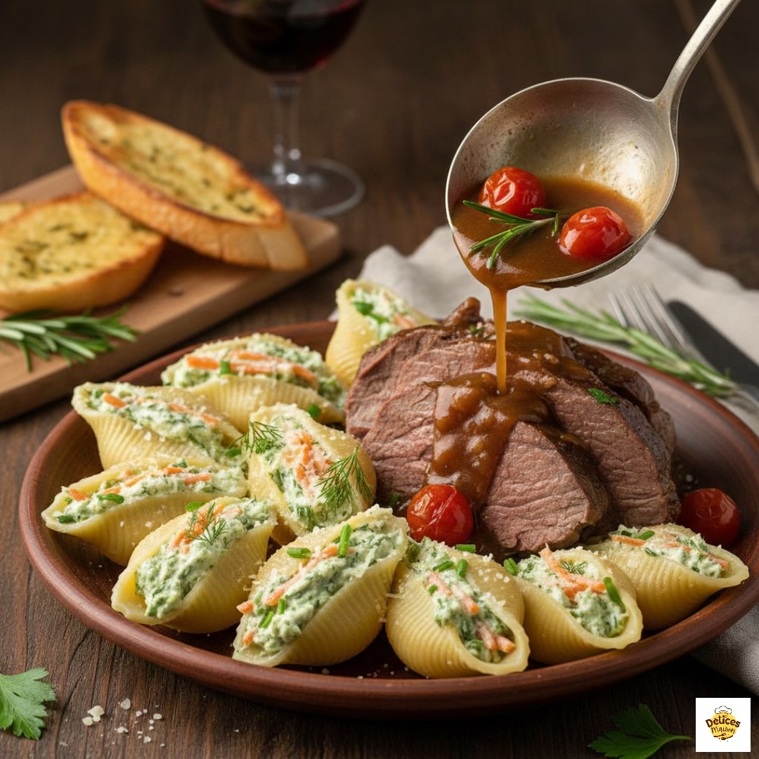 Stuffed Conchiglie with Fresh Herbs and Beef Ragu
