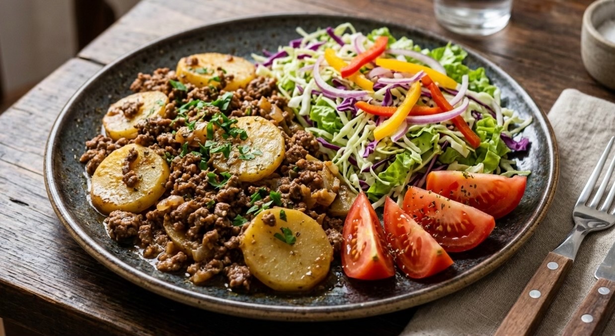 Carne Picada con Papas Doradas y Ensalada Fresca