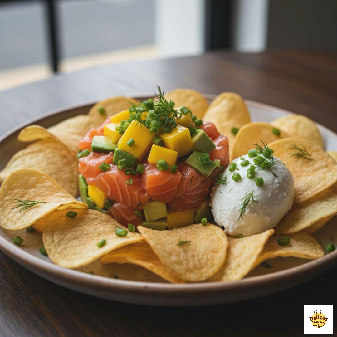 Crispy Smoked Salmon, Mozzarella, Mango, and Avocado Chips