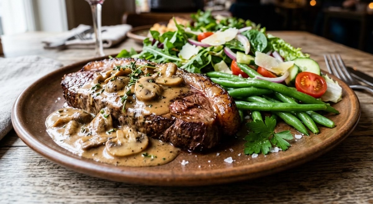 Grilled Picanha with Creamy Mushroom Sauce & Crispy Salad