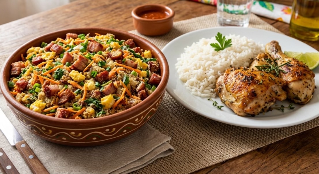Brazilian Farofa with Bacon, Sausage, and Vegetables