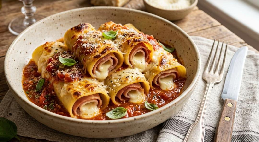 Ham & Mozzarella Stuffed Cannelloni with Parmesan Gratin