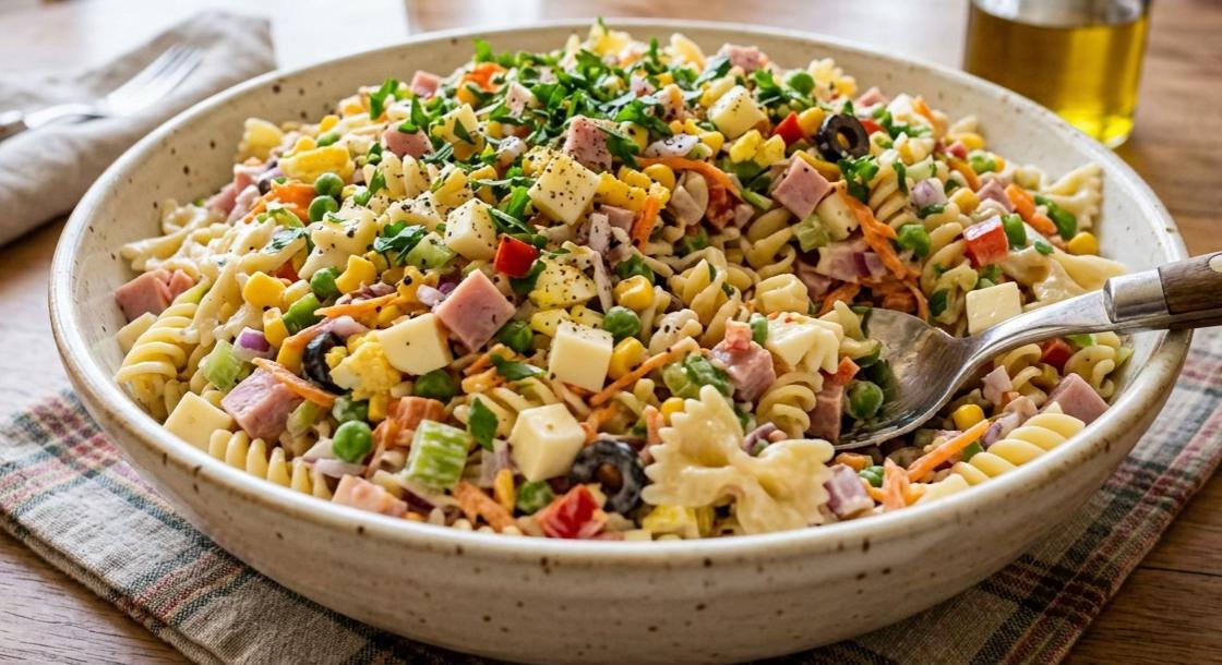 Summer Pasta Salad with Ham, Cheese, and Vegetables