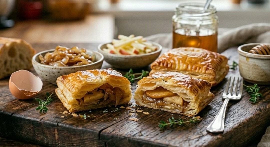 Tarta Hojaldre Invertida con Miel y Cebolla Caramelizada