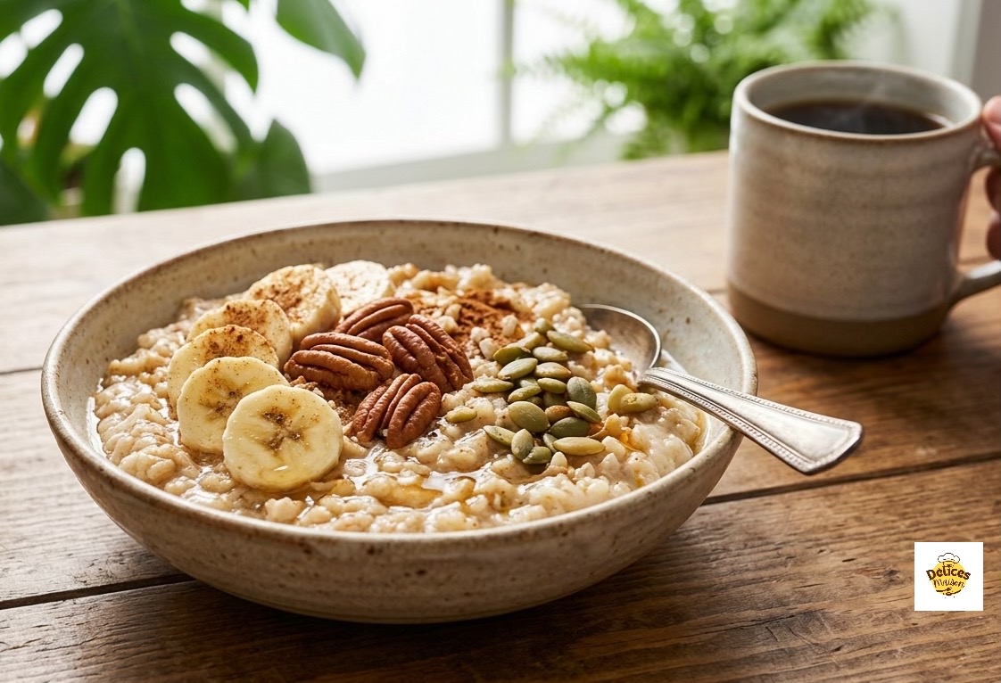 Creamy Banana, Pecan & Maple Syrup Oatmeal Bowl