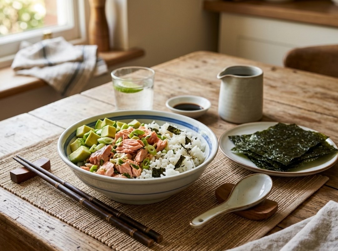 Grilled Salmon Bowl with Steamed Rice, Avocado & Nori Seaweed